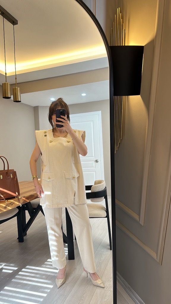 %100 PAMUK DÜĞME DETAYLI ÜST VE PANTOLON